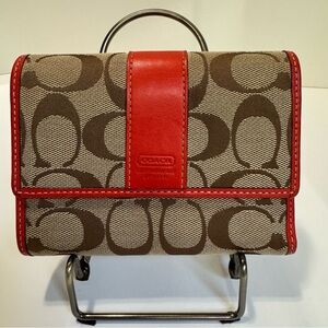 Coach Signature Jacquard Trifold Wallet Red‑Tan Leather Trim Y2K